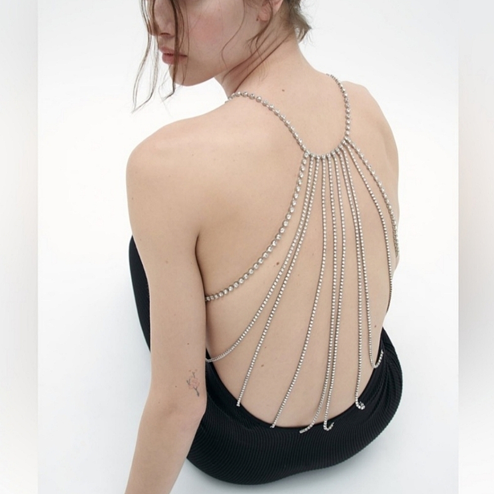 NWT Zara Black Rhinestone Body Suit Jumpsuit Romper Catsuit XS